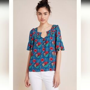 Anthropologie Maeve Letitia Smocked Floral Blue Women's Top Size Small